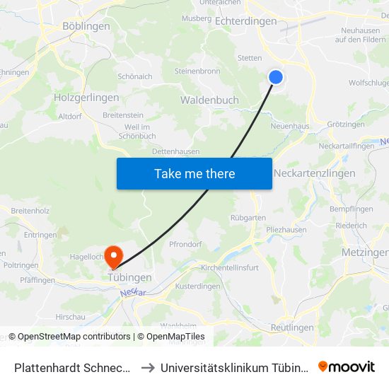 Plattenhardt Schnecken to Universitätsklinikum Tübingen map