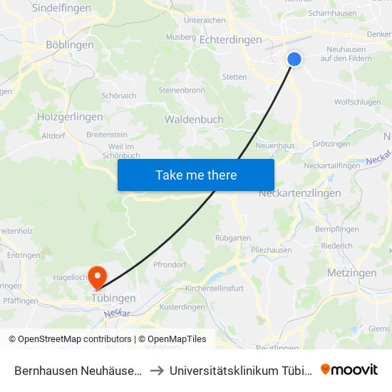 Bernhausen Neuhäuser Str. to Universitätsklinikum Tübingen map
