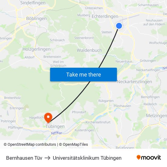 Bernhausen Tüv to Universitätsklinikum Tübingen map