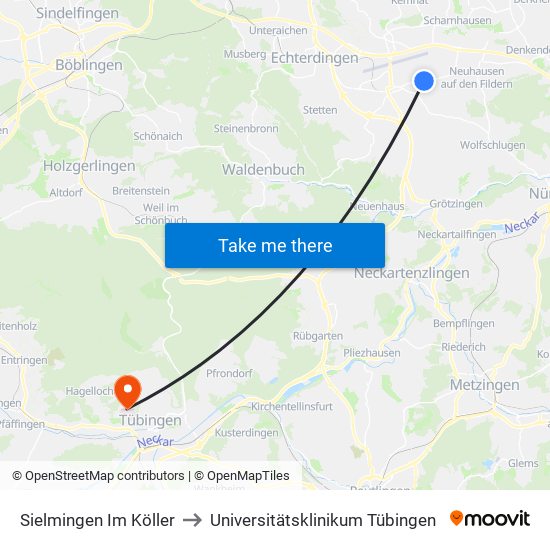 Sielmingen Im Köller to Universitätsklinikum Tübingen map