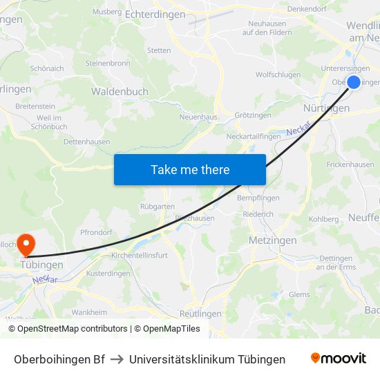 Oberboihingen Bf to Universitätsklinikum Tübingen map