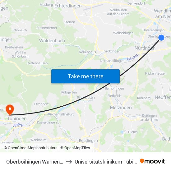 Oberboihingen Warnenberg to Universitätsklinikum Tübingen map