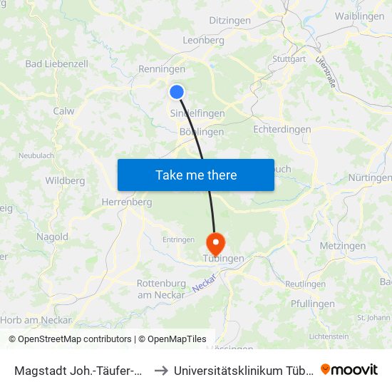 Magstadt Joh.-Täufer-Kirche to Universitätsklinikum Tübingen map