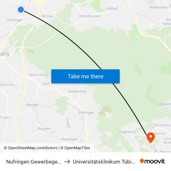 Nufringen Gewerbegebiet to Universitätsklinikum Tübingen map