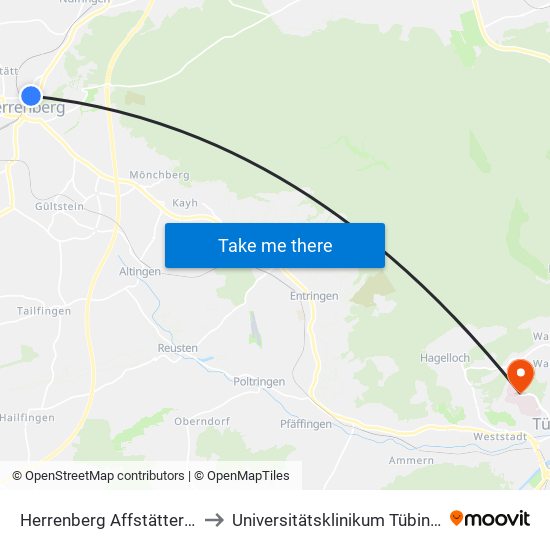 Herrenberg Affstätter Tal to Universitätsklinikum Tübingen map