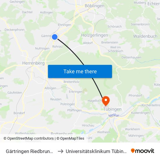 Gärtringen Riedbrunnen to Universitätsklinikum Tübingen map