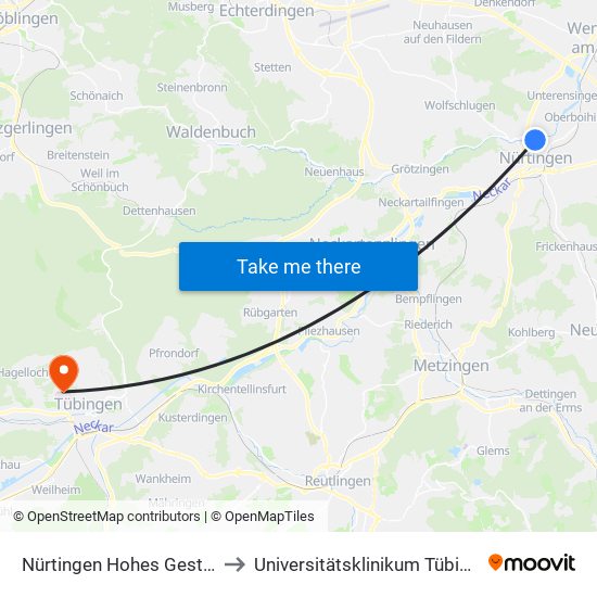 Nürtingen Hohes Gestade to Universitätsklinikum Tübingen map