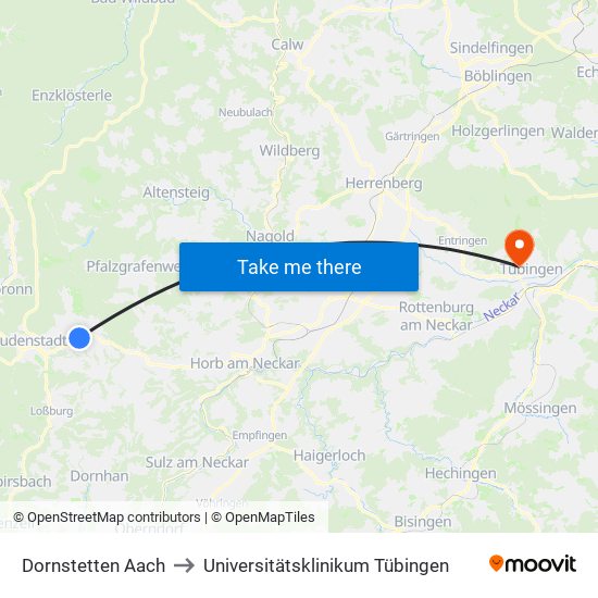 Dornstetten Aach to Universitätsklinikum Tübingen map
