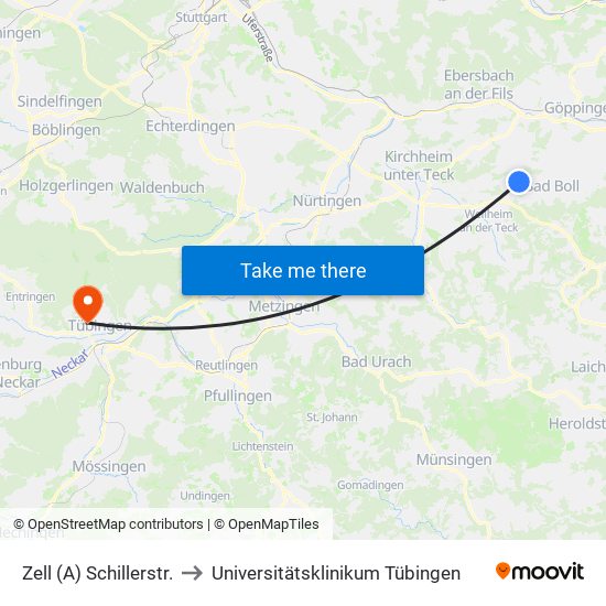 Zell (A) Schillerstr. to Universitätsklinikum Tübingen map