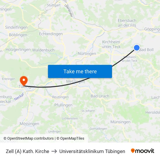 Zell (A) Kath. Kirche to Universitätsklinikum Tübingen map