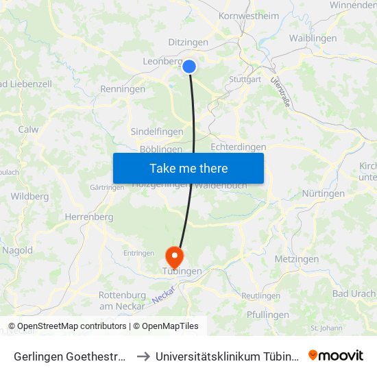 Gerlingen Goethestraße to Universitätsklinikum Tübingen map