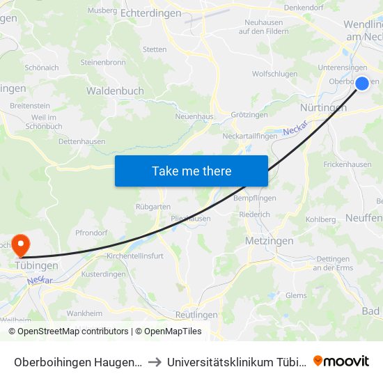 Oberboihingen Haugennest to Universitätsklinikum Tübingen map