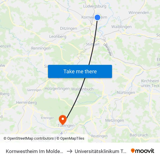 Kornwestheim Im Moldengraben to Universitätsklinikum Tübingen map