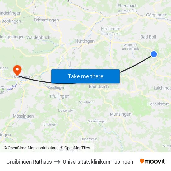 Gruibingen Rathaus to Universitätsklinikum Tübingen map