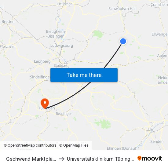 Gschwend Marktplatz to Universitätsklinikum Tübingen map