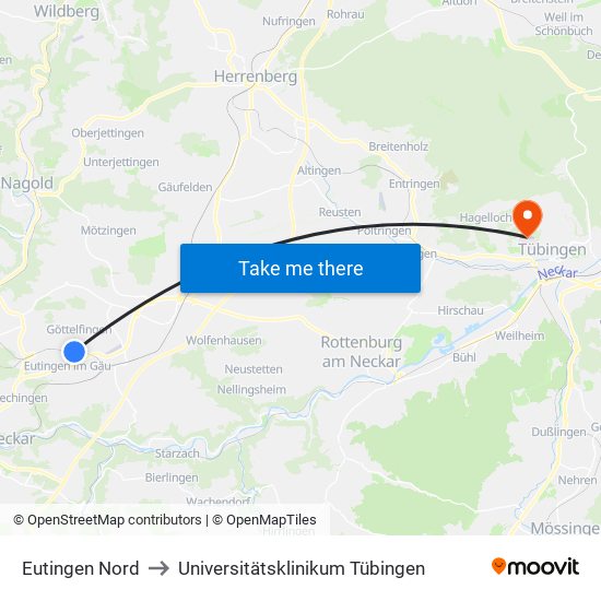 Eutingen Nord to Universitätsklinikum Tübingen map