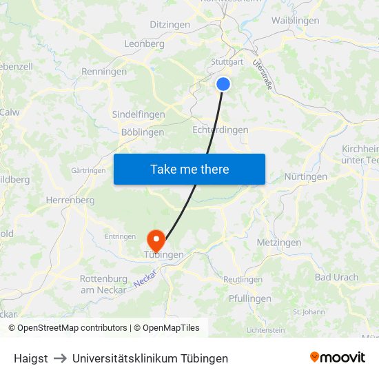 Haigst to Universitätsklinikum Tübingen map