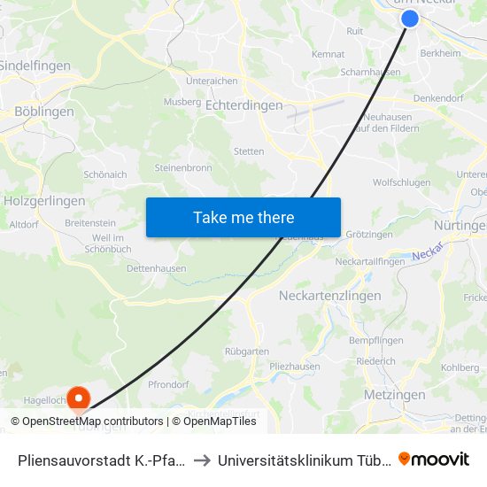 Pliensauvorstadt K.-Pfaff-Str. to Universitätsklinikum Tübingen map