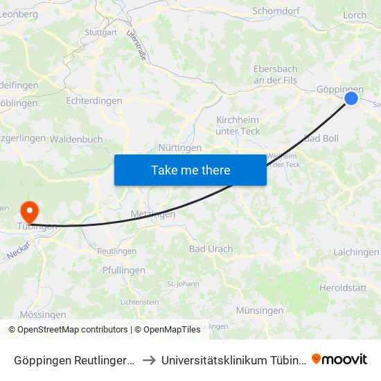 Göppingen Reutlinger Str. to Universitätsklinikum Tübingen map