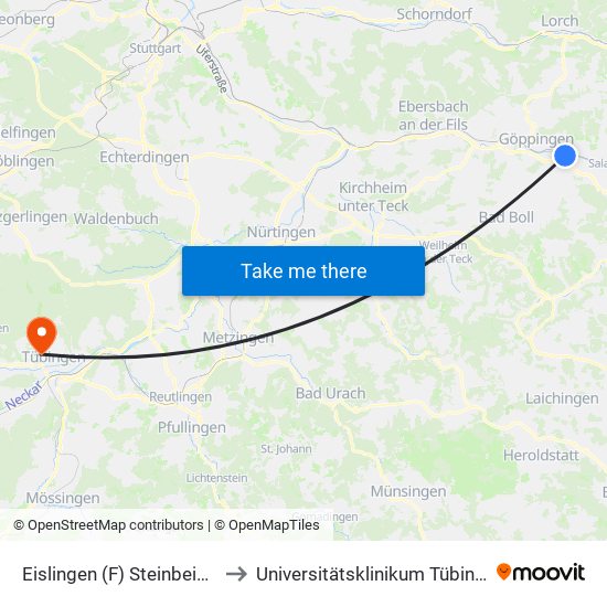 Eislingen (F) Steinbeisstr. to Universitätsklinikum Tübingen map