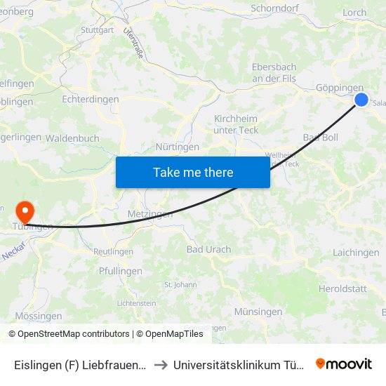 Eislingen (F) Liebfrauenkirche to Universitätsklinikum Tübingen map