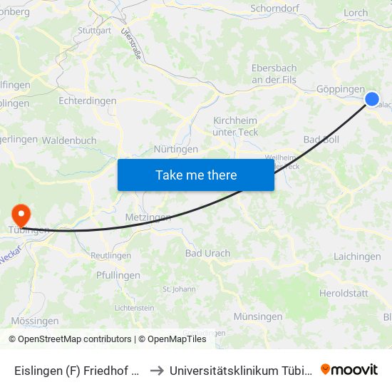 Eislingen (F) Friedhof Nord to Universitätsklinikum Tübingen map