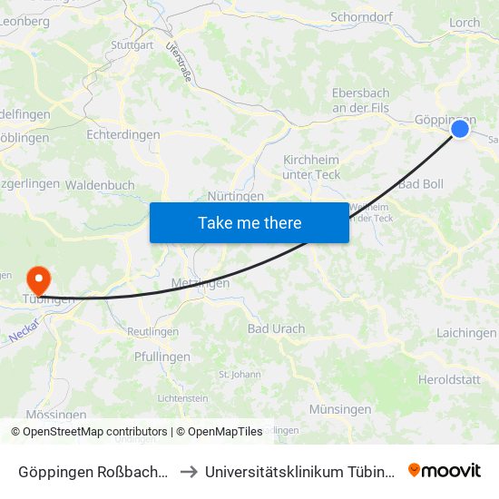 Göppingen Roßbachstr. to Universitätsklinikum Tübingen map