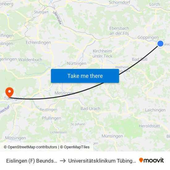 Eislingen (F) Beundstr. to Universitätsklinikum Tübingen map