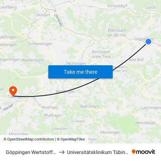 Göppingen Wertstoffhof to Universitätsklinikum Tübingen map