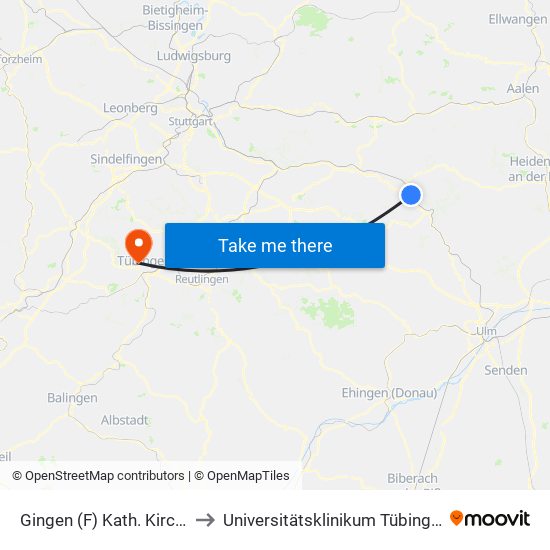 Gingen (F) Kath. Kirche to Universitätsklinikum Tübingen map