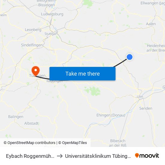 Eybach Roggenmühle to Universitätsklinikum Tübingen map