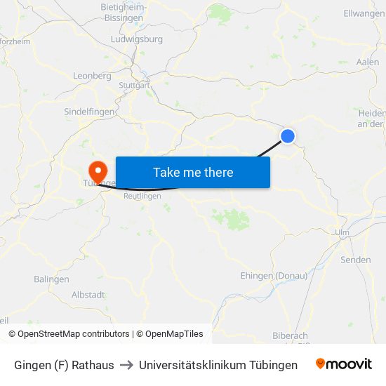 Gingen (F) Rathaus to Universitätsklinikum Tübingen map