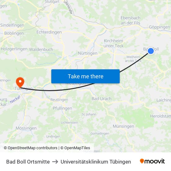 Bad Boll Ortsmitte to Universitätsklinikum Tübingen map