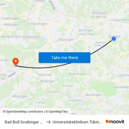 Bad Boll Gruibinger Str. to Universitätsklinikum Tübingen map