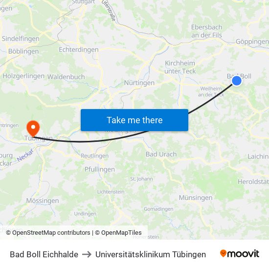 Bad Boll Eichhalde to Universitätsklinikum Tübingen map