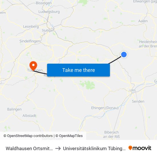 Waldhausen Ortsmitte to Universitätsklinikum Tübingen map