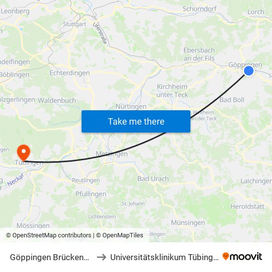 Göppingen Brückenstr. to Universitätsklinikum Tübingen map