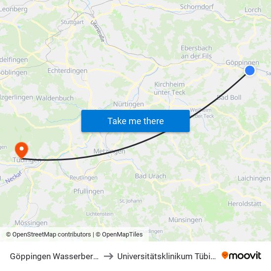Göppingen Wasserbergstr. to Universitätsklinikum Tübingen map