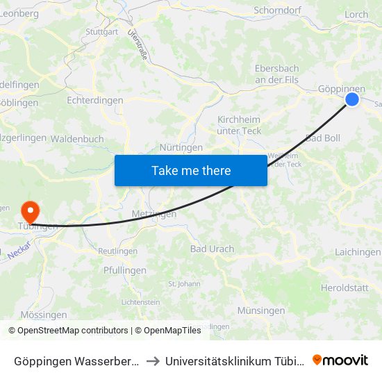 Göppingen Wasserbergstr. to Universitätsklinikum Tübingen map