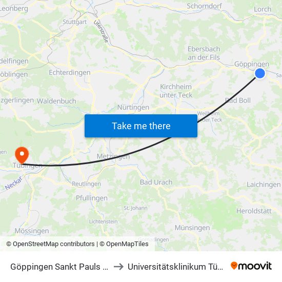Göppingen Sankt Pauls Kirche to Universitätsklinikum Tübingen map