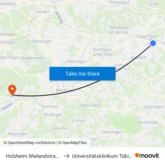 Holzheim Wielandstraße/Bf to Universitätsklinikum Tübingen map