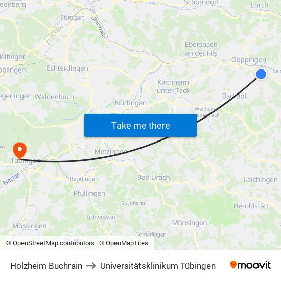 Holzheim Buchrain to Universitätsklinikum Tübingen map