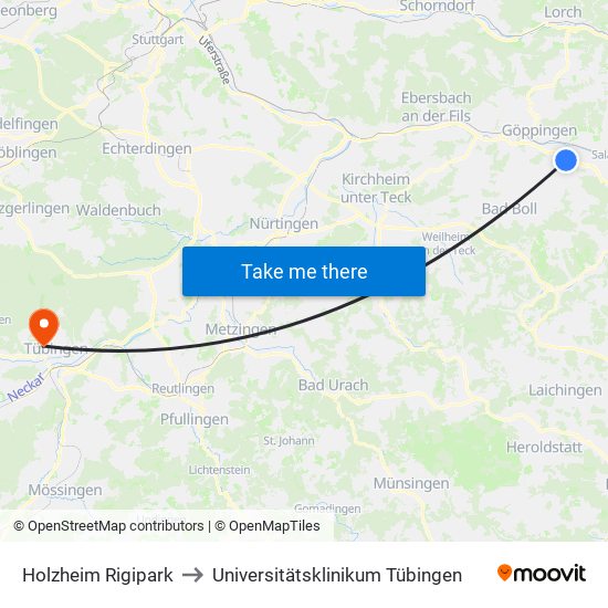 Holzheim Rigipark to Universitätsklinikum Tübingen map