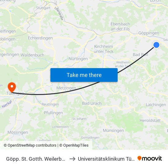 Göpp. St. Gotth. Weilerbachweg to Universitätsklinikum Tübingen map