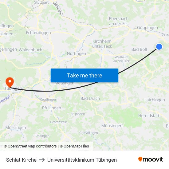 Schlat Kirche to Universitätsklinikum Tübingen map