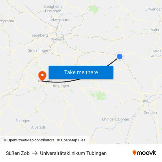 Süßen Zob to Universitätsklinikum Tübingen map