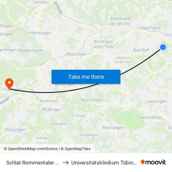 Schlat Rommentaler Str. to Universitätsklinikum Tübingen map