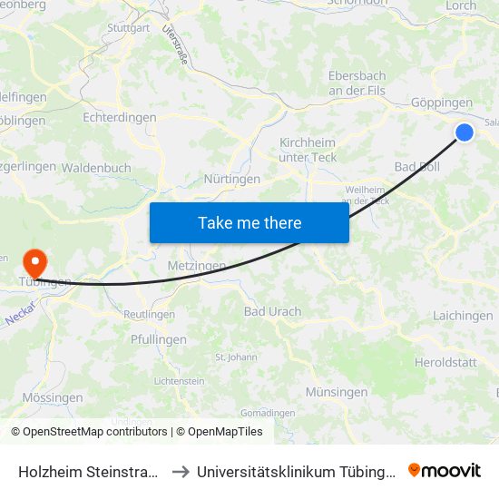 Holzheim Steinstraße to Universitätsklinikum Tübingen map