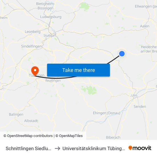 Schnittlingen Siedlung to Universitätsklinikum Tübingen map