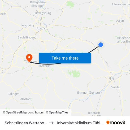 Schnittlingen Wetterwarte to Universitätsklinikum Tübingen map